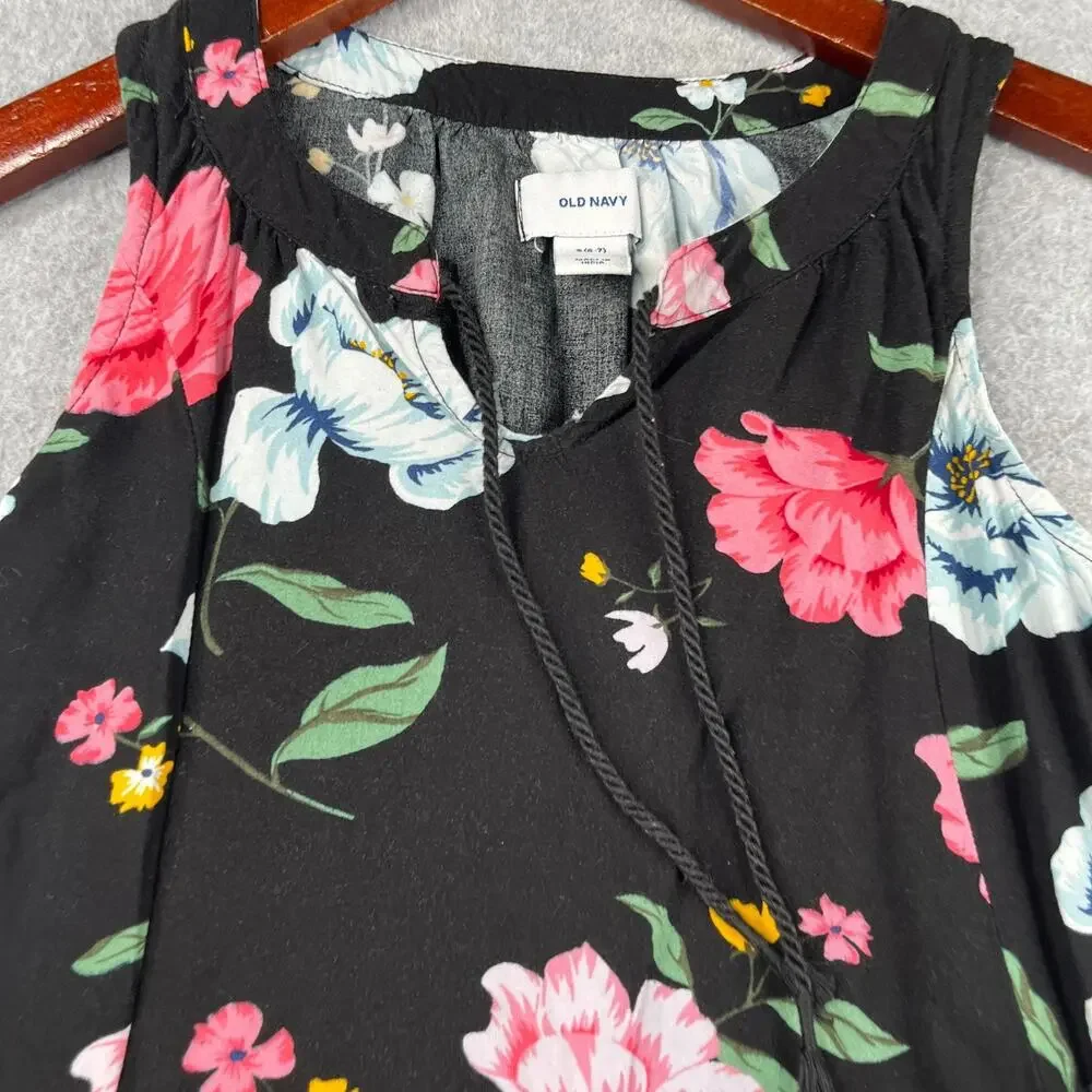 Old Navy Girls Sleeveless Shirt Flowing Tunic Top Black Pink Flowers Small 6/7
